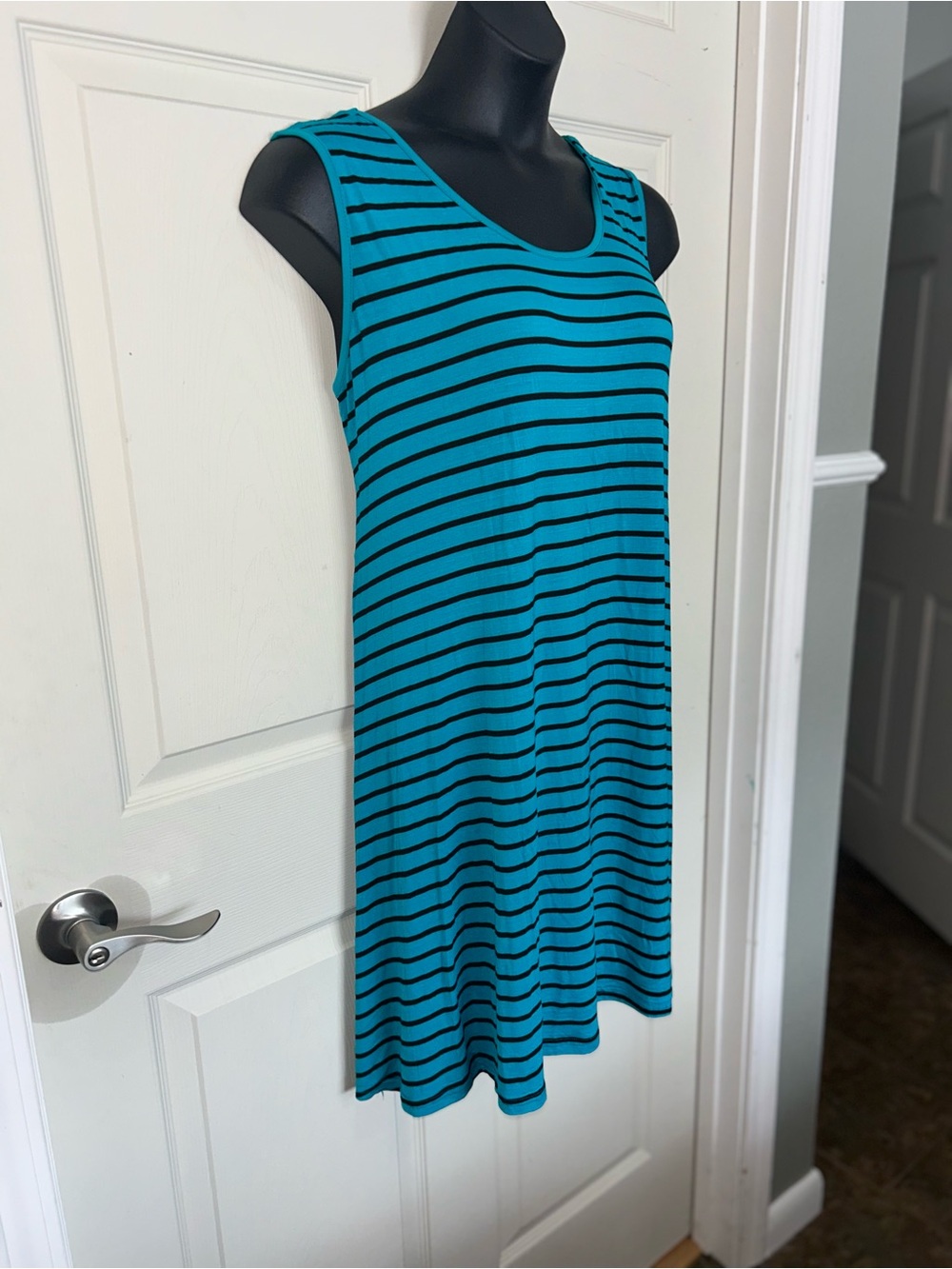 Sleeveless Teal and Black Striped A-Line Mini Dress